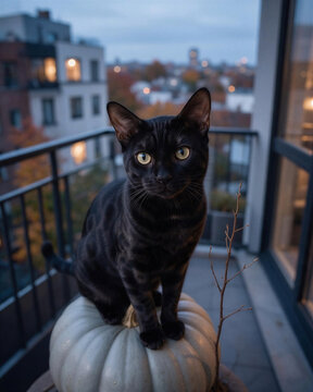 Sleek black cat sitting on a pumpkin on an apartment balcony at dusk with city lights, blending urban lifestyle and Halloween decor.
