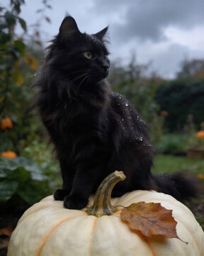 A regal fluffy black cat sitting on a pumpkin in a rainy autumn garden with water drops on its fur, creating a moody Halloween look.