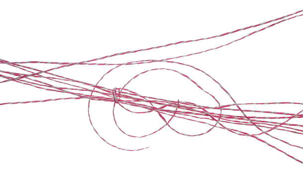 Red and white twisted postal twine net isolated on white background