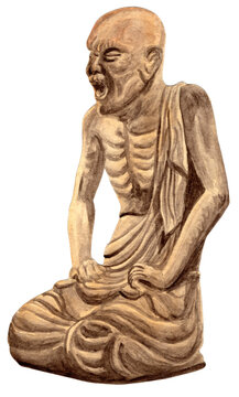 Nara period clay sculpture of a grieving elderly disciple mourning the death of Buddha, Tenpyo era Japan 711 AD. Historic Buddhist art figure. Artwork.