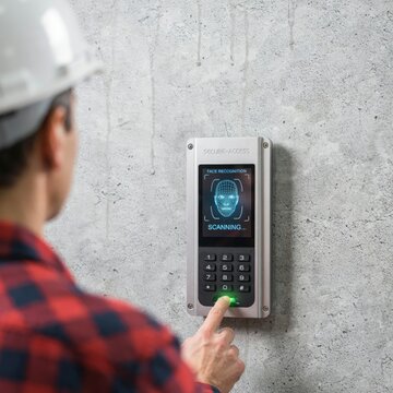 Construction worker using a modern biometric face recognition and fingerprint access control security system on a concrete wall