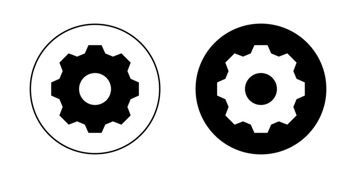 Black and white gear wheel icons in circular frames for web interface and software settings menus
