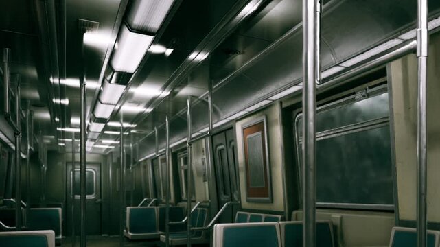 Inside a modern subway train car at night, showing empty blue seats, metal poles, bright overhead lights, and dark windows with a gloomy atmosphere outside