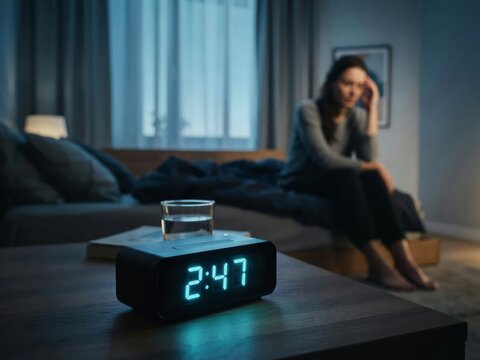 Woman sitting on bed in dark bedroom at night looking stressed and unable to sleep with digital clock showing 247 am