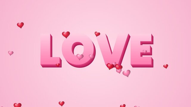 Animated 3D pink LOVE text with falling hearts on a soft pink background, representing romance and affection