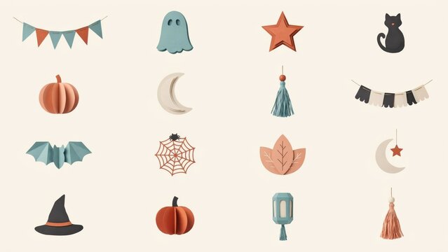 Set of cute halloween paper craft decorations including pumpkins, ghosts, bats, cat, witch hat, and festive garlands