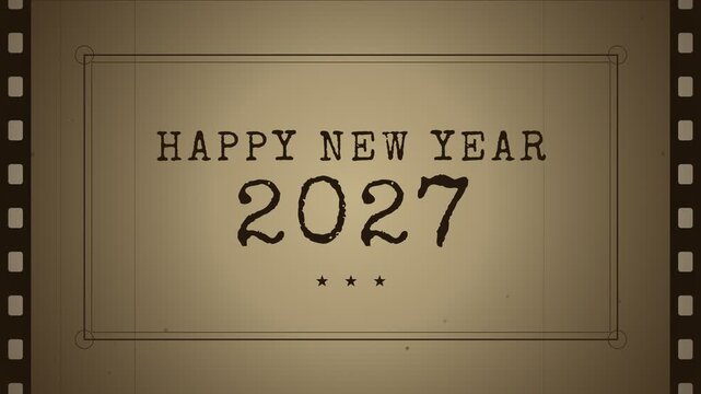 Vintage film countdown timer showing number 4 and Happy New Year 2027 message with film reel border
