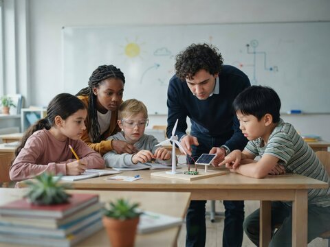 Teacher and diverse group of elementary students working on a renewable energy science project in a classroom