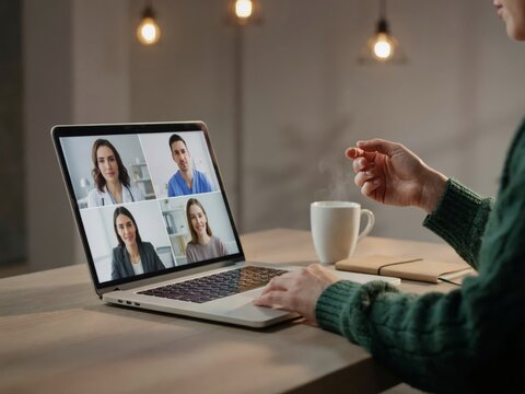 Person attending online video call with doctors and colleagues on laptop at home office desk