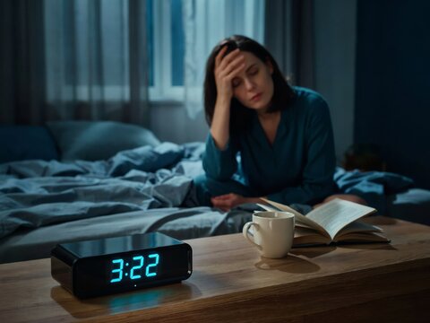 Woman suffering from insomnia sitting on bed at night with digital clock showing 322 am and a book