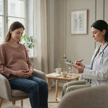 Pregnant woman sitting in an armchair during medical consultation with female doctor in clinic office