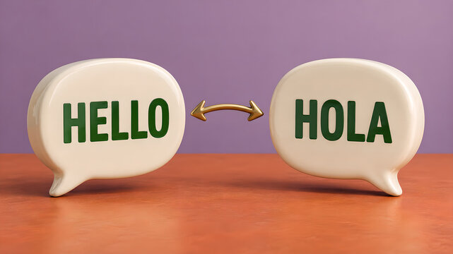 Hello and hola speech bubbles linked by a gold arrow illustrate bilingual translation and dialogue