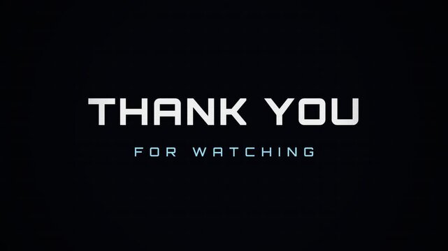 Digital glitch effect thank you for watching text animation with three frames showing progression from glitch to clear text