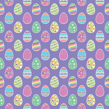 Colorful Easter egg pattern on a soft lavender background, featuring playful stripes, dots, waves and floral decorations for cheerful spring textiles, cards, packaging and festive designs.