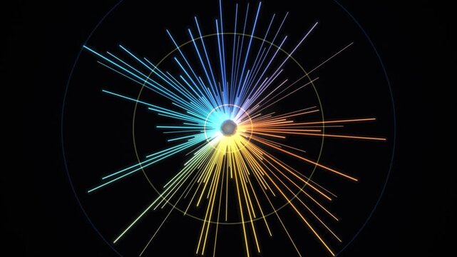 Abstract digital animation of radiating light beams in blue yellow and orange hues against a dark background showing progression
