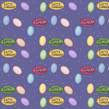 Colorful Easter seamless pattern with pastel eggs and repeated &ldquo;Happy Easter&rdquo; labels on a textured lavender background, ideal for wrapping paper, textiles, cards, packaging and seasonal designs.