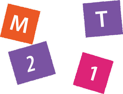 Bright abstract graphic illustration depicting tilted colored squares in orange purple and pink with white letter M letter T number 2 and number 1...