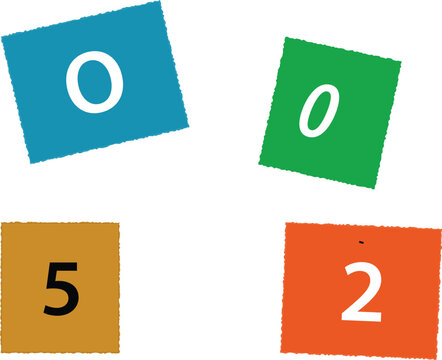 Colorful educational number tiles featuring zero and five and two on blue green gold and orange squares with textured edges for children learning maths