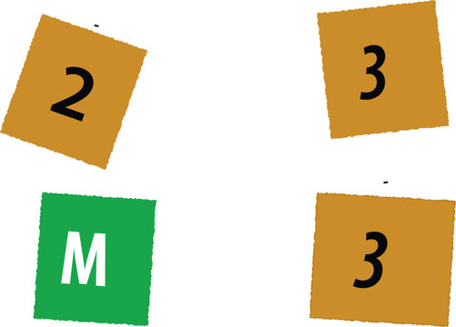 A composition of colorful floating squares featuring numerical digits 2 and 3 alongside the letter M set against a clean white background in a minimalist design