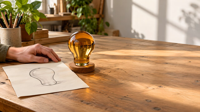 Amber glass light bulb sculpture beside a pencil sketch on a sunlit wooden creative workbench