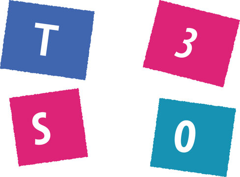 An abstract collection of four colorful tilted squares in blue pink and teal colors featuring white letters and numbers for creative graphic design art