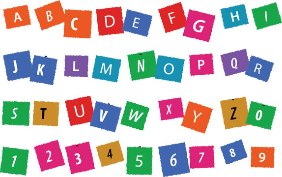 Colorful alphabet letters and numbers arranged on square paper blocks for creative early childhood education design projects and learning tools set