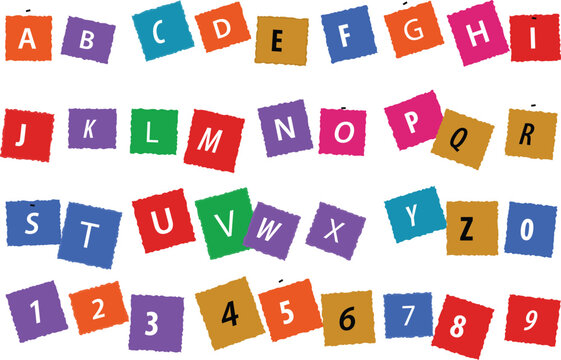 Colorful Alphabet and Numeric Set Featuring Creative Square Tiles With White Letters and Numbers Arranged Randomly for Education and Design Projects
