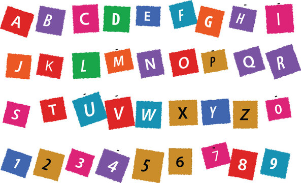 A vibrant collection of colorful square tiles featuring the entire alphabet from A to Z and numeric digits from zero to nine for educational design