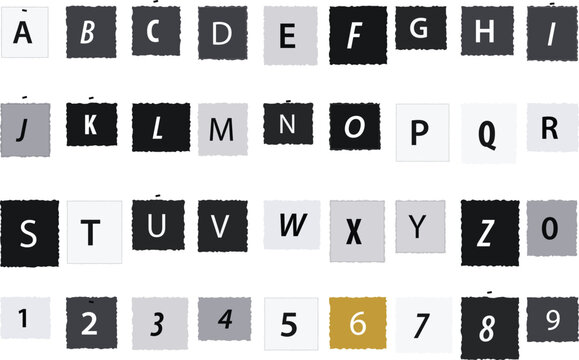 An abstract grid containing alphabet letters and digits inside small square boxes with a minimalist color scheme of black white grey and gold colorings