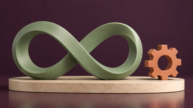 Continuous improvement concept with a green infinity loop and an orange gear on a stone base