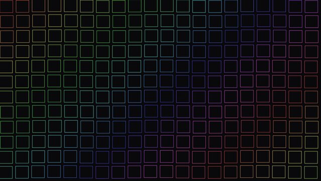 Abstract background, featuring a grid, of squares with, a subtle rainbow, gradient outline on, a dark surface, creating a modern, digital pattern