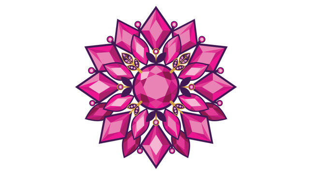 Intricate magenta gemstone mandala vector graphic featuring symmetrical crystals and jewels on white.