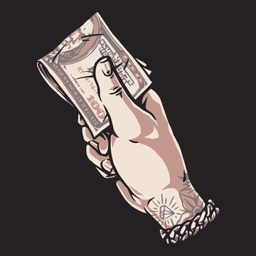Tattooed hand holds crumpled dollar bill