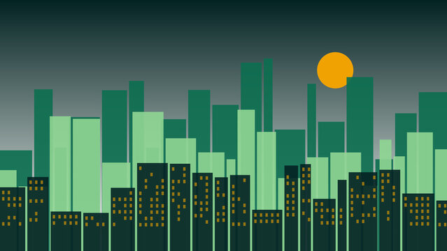 Abstract city skyline with layered green buildings of varying heights and a large orange sun set against a dark gradient sky background