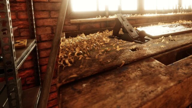 Sunlight streams through a window into a rustic workshop, highlighting wood shavings and a hand plane sitting on a weathered wooden workbench next to brick walls.