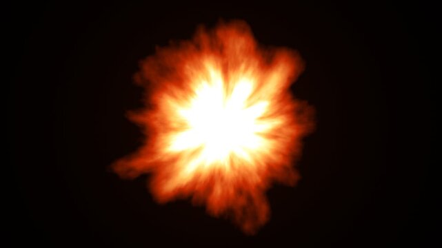 Explosion of bright orange fire and smoke against a dark background, showing the progression of a blast