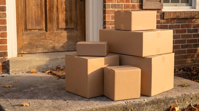 Stacked cardboard delivery boxes sitting neatly on concrete porch steps outside a residential front door illuminated by warm afternoon sunlight during autumn season