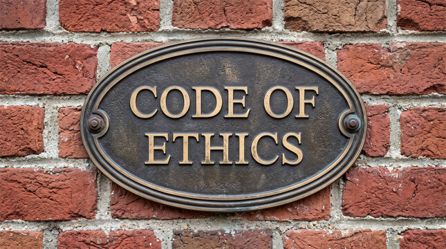 A distinguished bronze oval plaque, boldly engraved with 'CODE OF ETHICS,' is firmly affixed to a textured brick wall, symbolizing unwavering corporate values and ethical commitment.