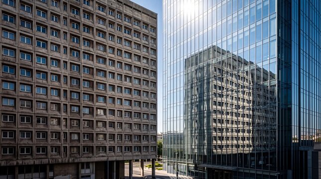 Modern Glass Skyscraper Reflecting Brutalist Concrete Building with sunlight glinting off the facade, ideal for urban development articles and real estate marketing.