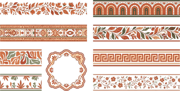  Horizontal geometric and floral seamless border vector set featuring traditional Greek key ethnic patterns and terracotta botanical motifs