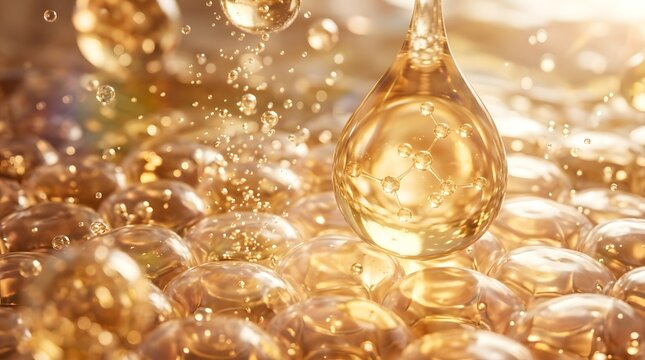 Golden serum droplets falling on human skin with microscopic cellular structure