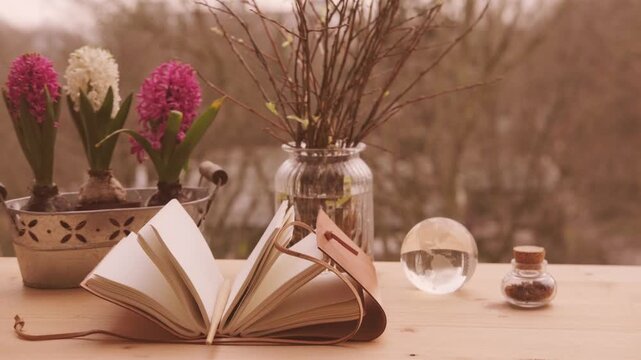 Open leather notebook, hourglass, Empty pages handmade journal, spring branches on wooden table, Time management and planning for future, Deep Focus for Writers, Write to Rest, Sanctuary for Scribe