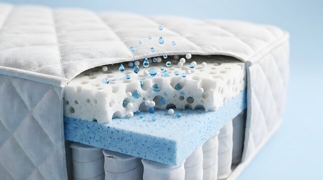 Mattress cross section showing layers of memory foam and breathable spring core with water droplet technology