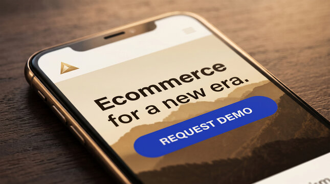 Close-up of a smartphone showcasing an ecommerce website, promoting a new era with a demo request button, symbolizing digital transformation and business innovation