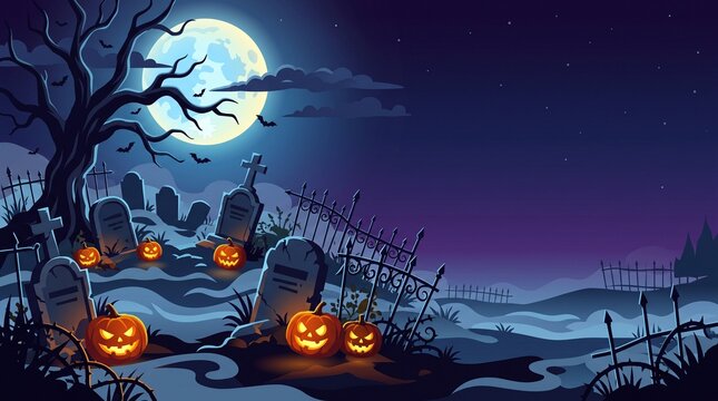 Spooky graveyard halloween background design jate royeche glowing jack-o'-lantern pumpkins, boro purno chand, bhuture gach, tombstones, ebong kalo bats garo nila ratrer akasher niche daan pashe copy s