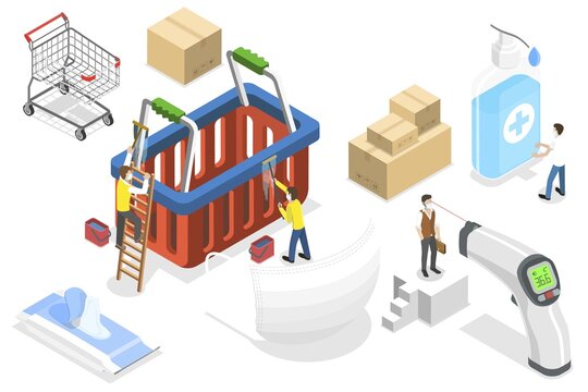 3D Isometric Conceptual Illustration of Covid-19 Customer Care, Shop Staff are Disinfecting Trolleys and Baskets, Checking Customer Temperature and Other Virus Spreading Prevention Measures