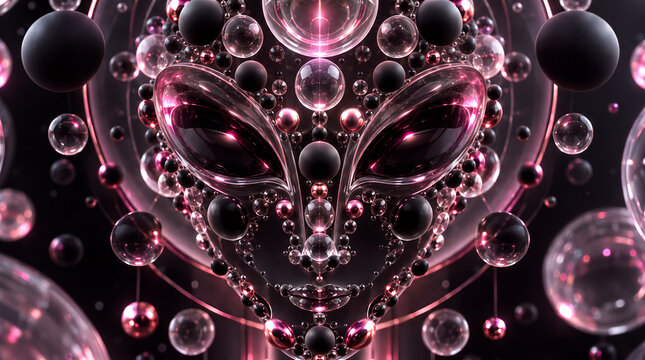 Abstract alien face of glossy pink black transparent spheres with glowing eyes on dark background, eye catching artwork with wow factor