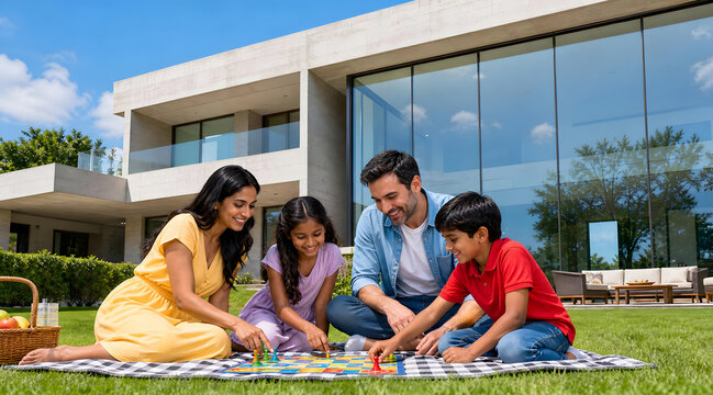 Happy family playing board game together on picnic blanket in backyard lawn.