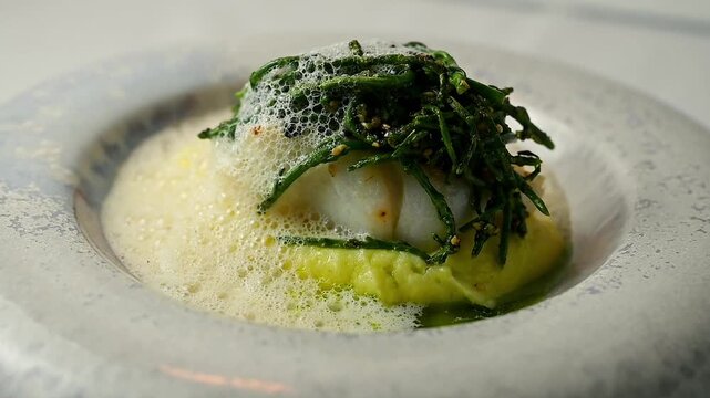 Side view of a fish course with foam bubbles and samphire on potato puree. Fine dining main course for menu videos.