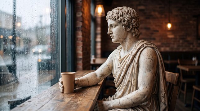 Classical Marble Statue Holding Coffee Cup by Rainy Window